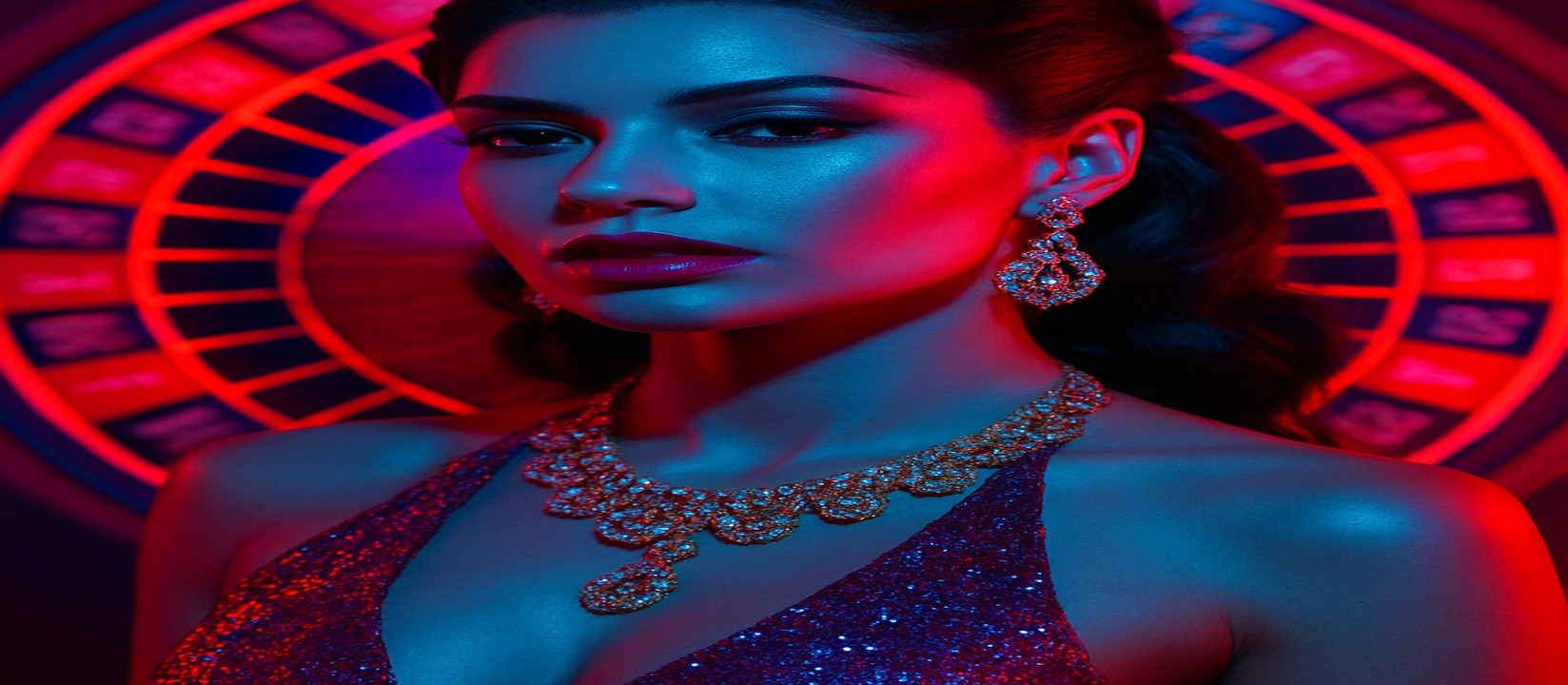 চাকার সামনে উজ্জ্বল পোশাকে এক নারী, একটি রঙিন গেমিং প্ল্যাটফর্ম